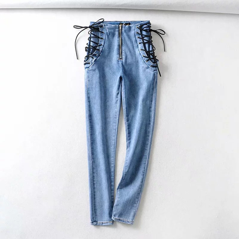 High waist stretch denim trousers skinny pants