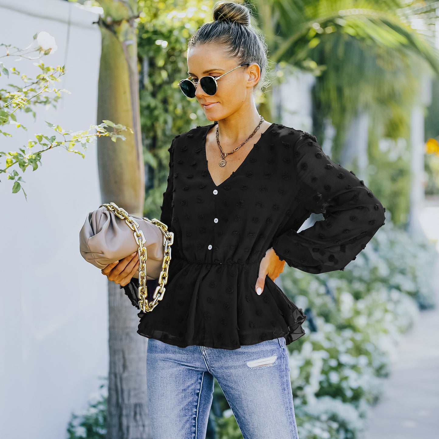 European And American Women's Summer V-neck Long-sleeved Chiffon Shirt