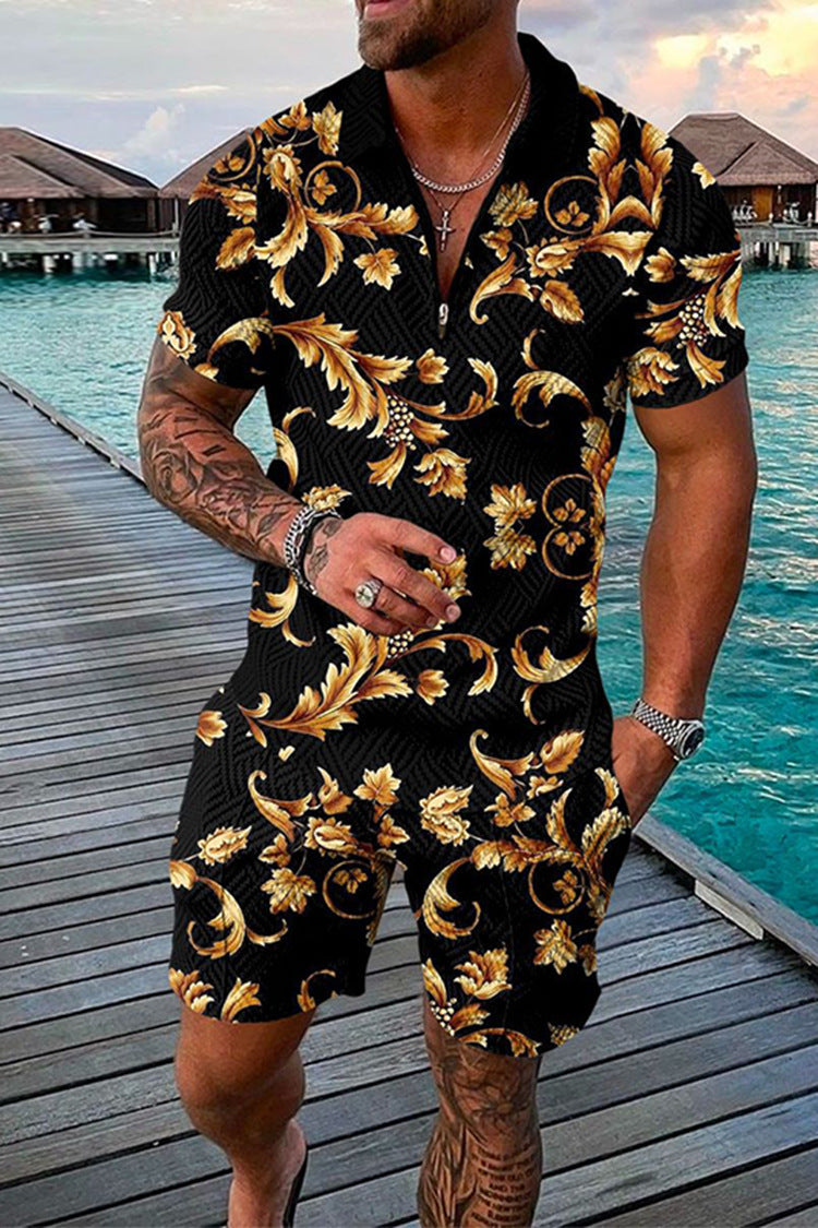 Men's Fashion Print Lapel Zipper Two-Piece Suit