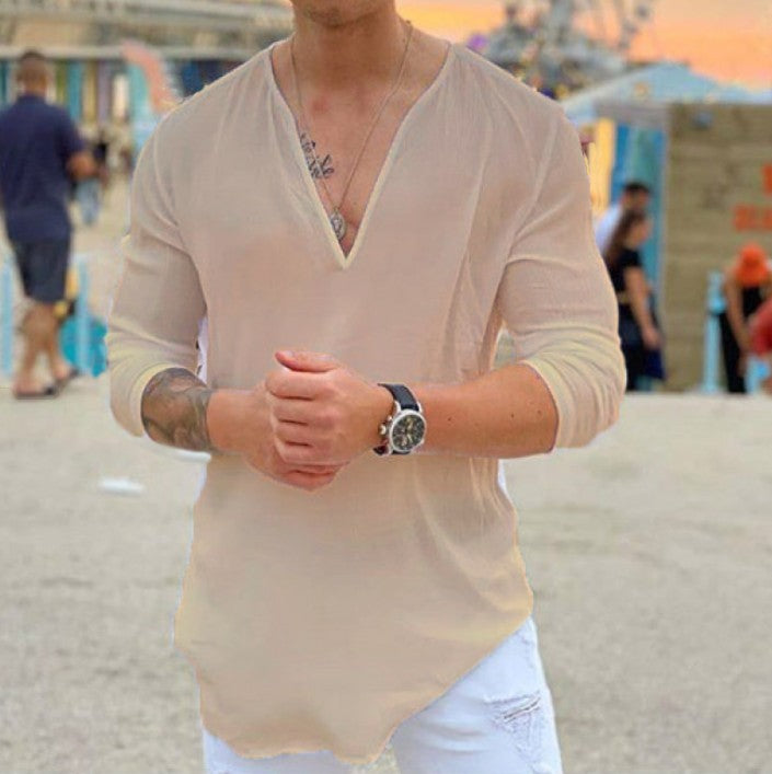 Pure Color Youth Collarless Long Sleeved Casual Slim Fit Top T Shirt