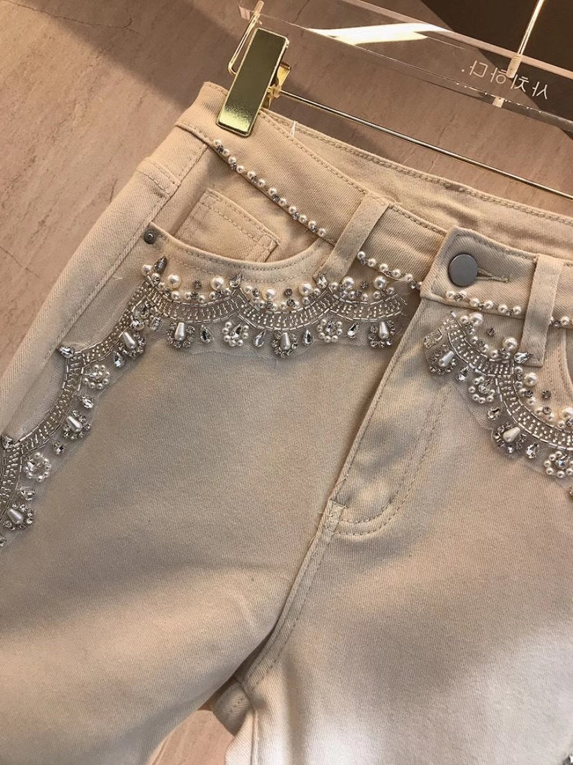 Heavy Industry Beaded High Waist Slim And Velvet Foot Pants