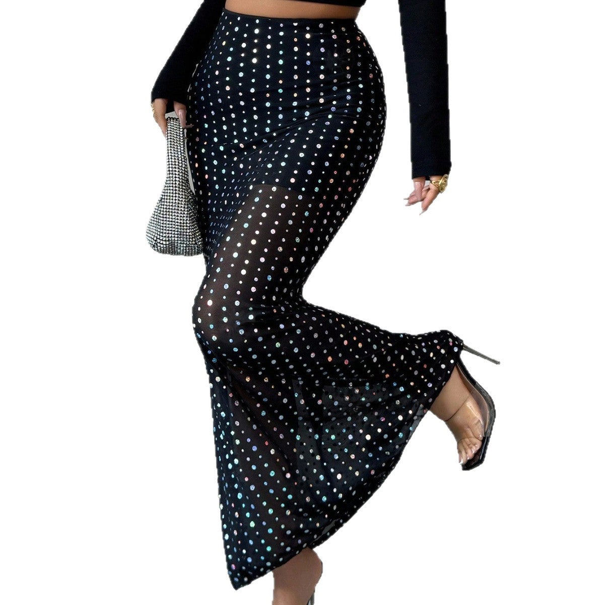 Shimmery Sequin Doublelayer Mesh Highwaist Figurehugging Hipskimming Skirt