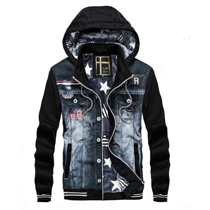 Denim Stitching Hooded Fleece Winter Jacket
