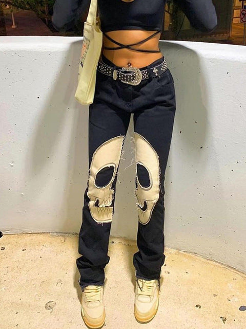 Vintage Skull Print Jeans Women's High Waist