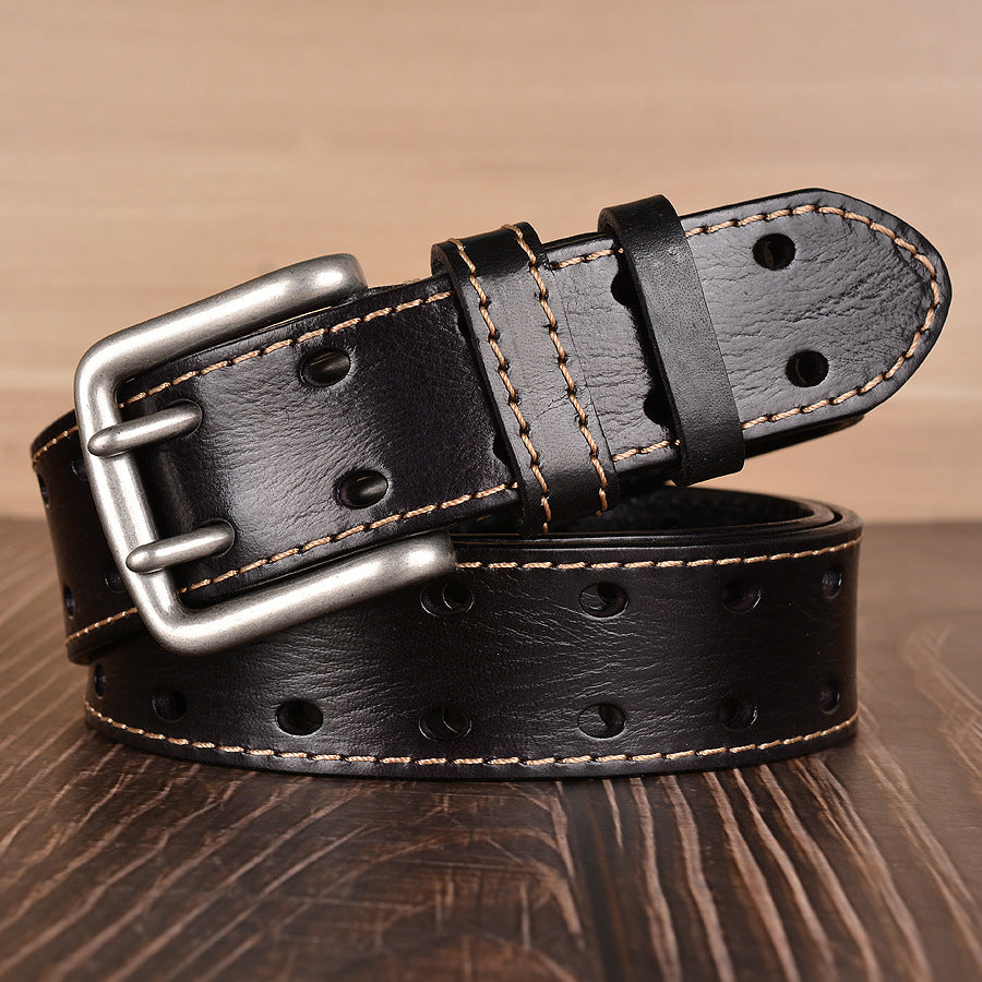 Double Pin Buckle First Layer Cowhide Belt Fashion Belt Men's Cowhide Belt Men's Casual Jeans Strap
