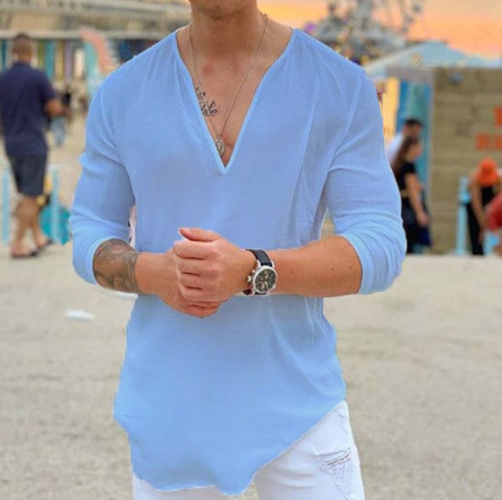 Pure Color Youth Collarless Long Sleeved Casual Slim Fit Top T Shirt
