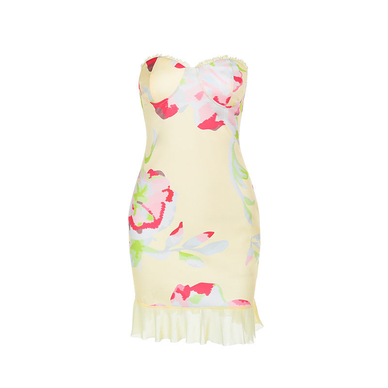 Casual Dress All-matching Printed Tube Top Package Hip Short Skirt