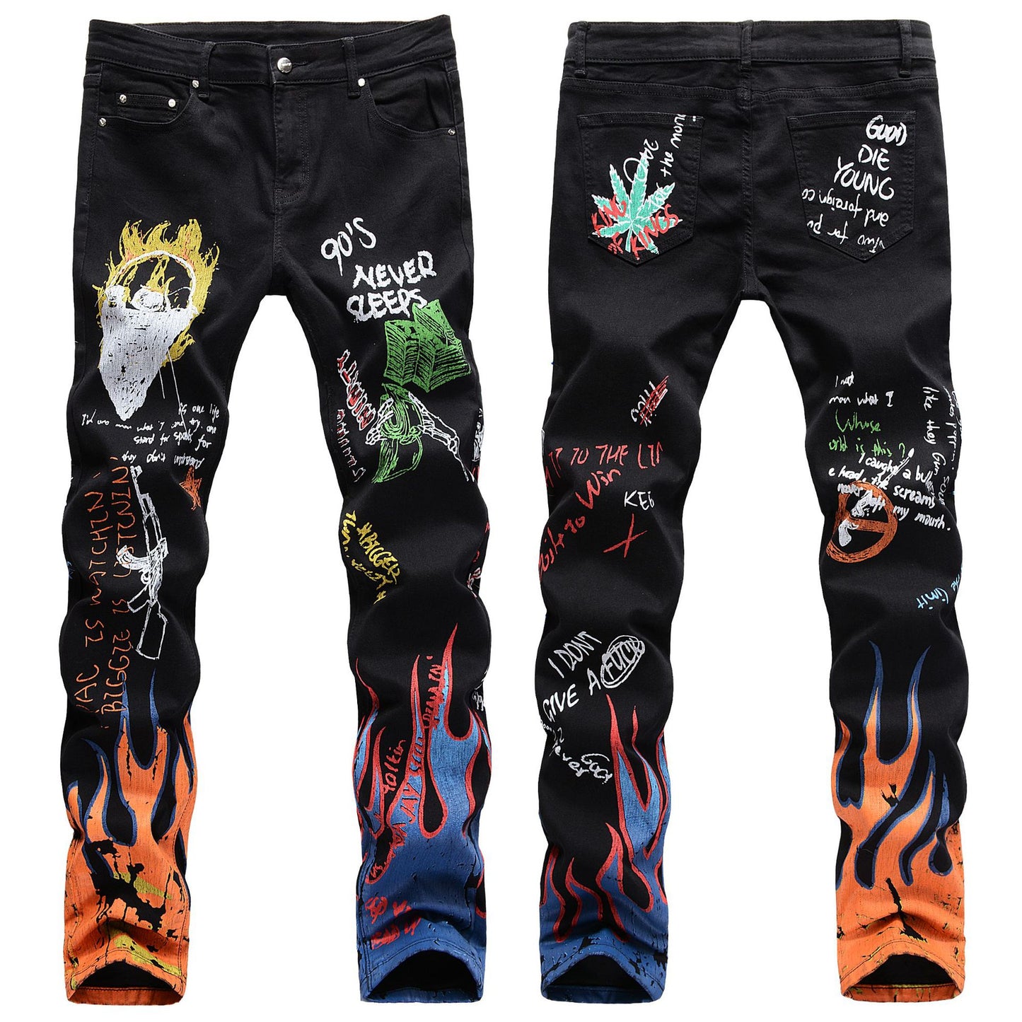 High Street Men's Stretch Slim 3D Color Printing Black White Trousers