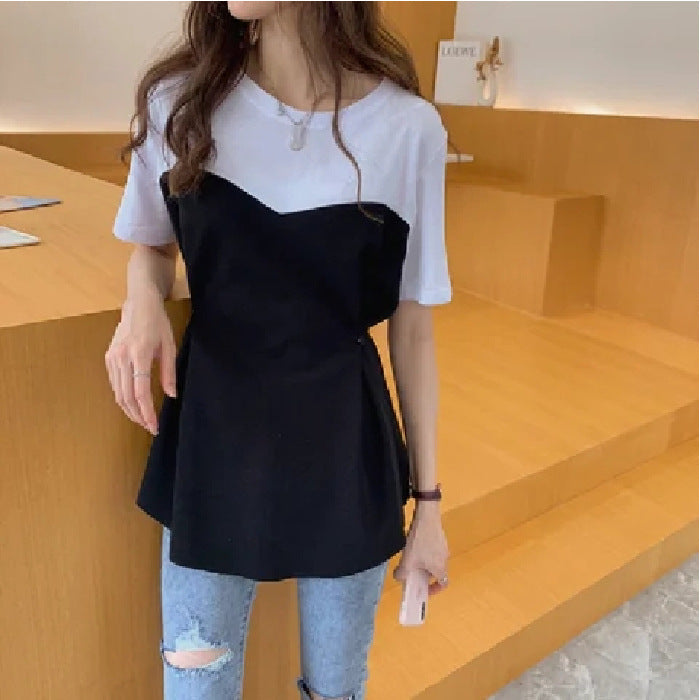 All-matching Graceful Fake Two-piece Mid-length Short-sleeved T-shirt