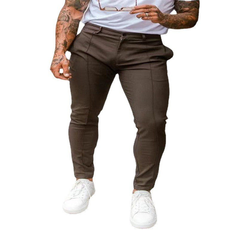Men's Fashion Casual Pure Color Tight Zipper Slim Fit Trousers