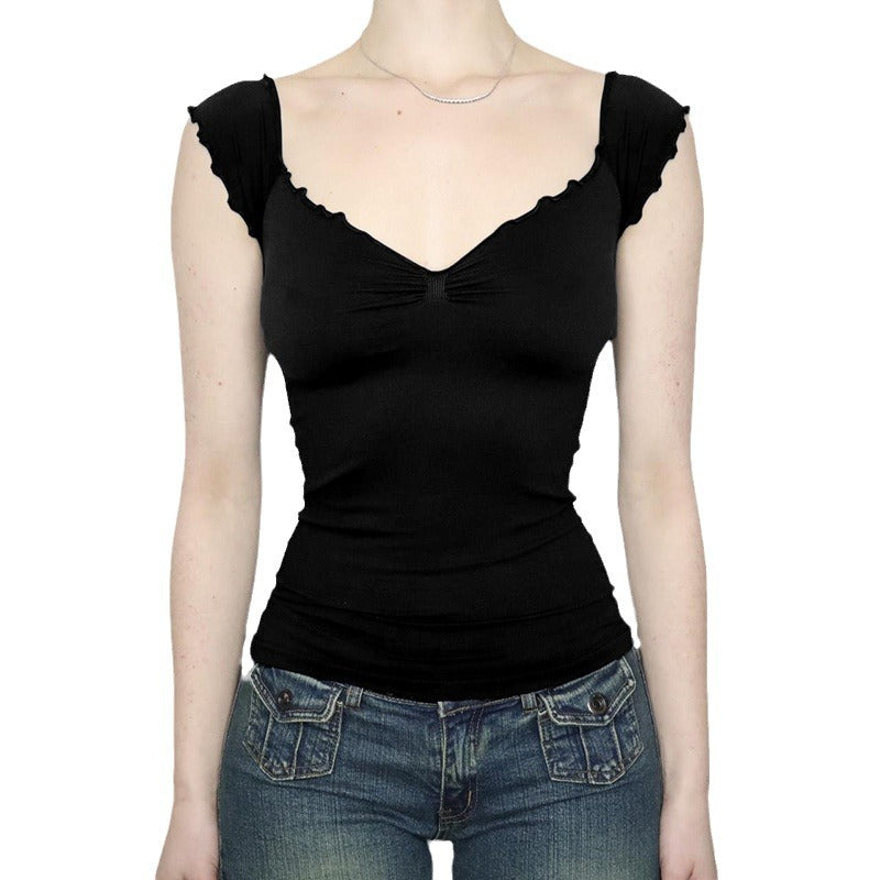 Lace Chest-shaped Waist-tight Exposed Back Short-sleeved Slimming Top