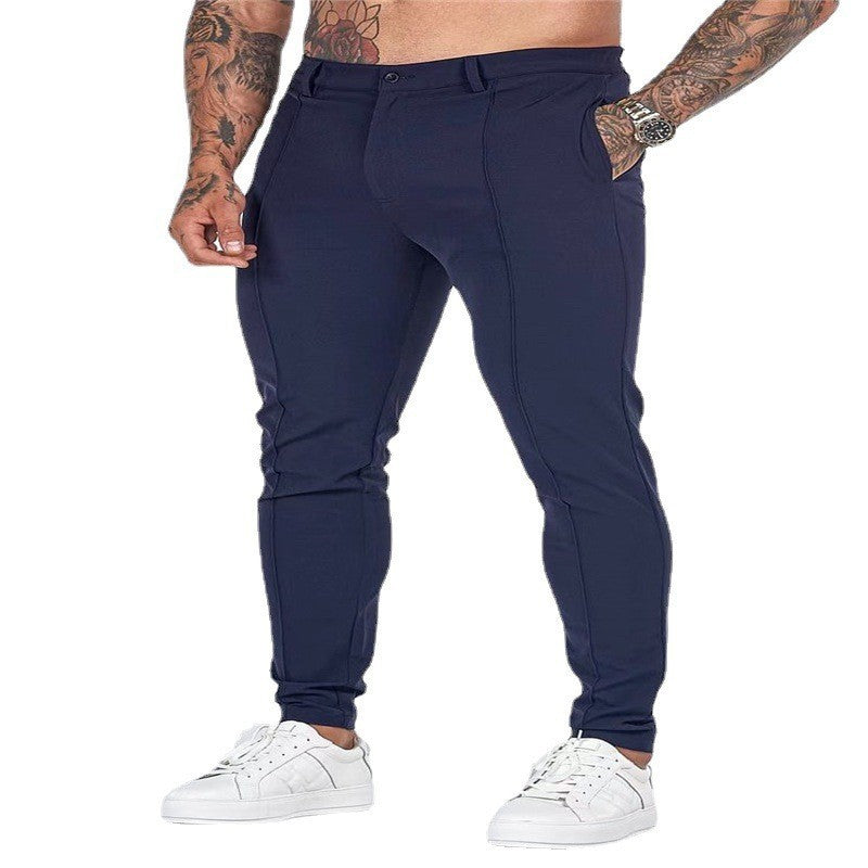 Men's Fashion Casual Pure Color Tight Zipper Slim Fit Trousers