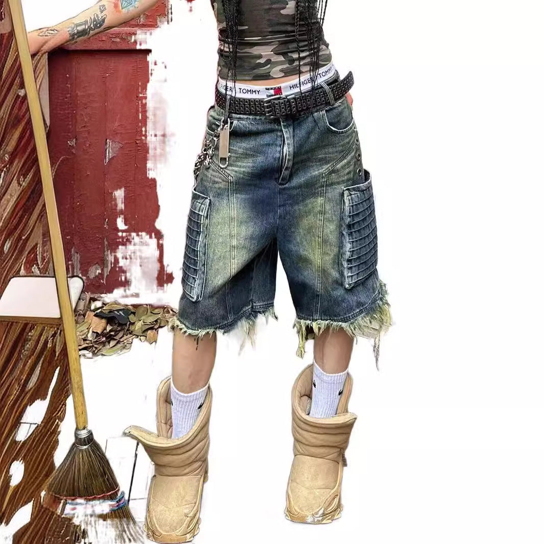 American Retro Plus Size Washed Denim Frayed Workwear With Pocket Cropped Pants