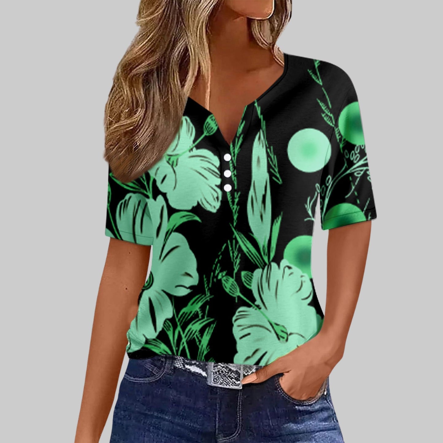 Women's Sequin Stitching Floral Three-button V-neck Short Sleeve