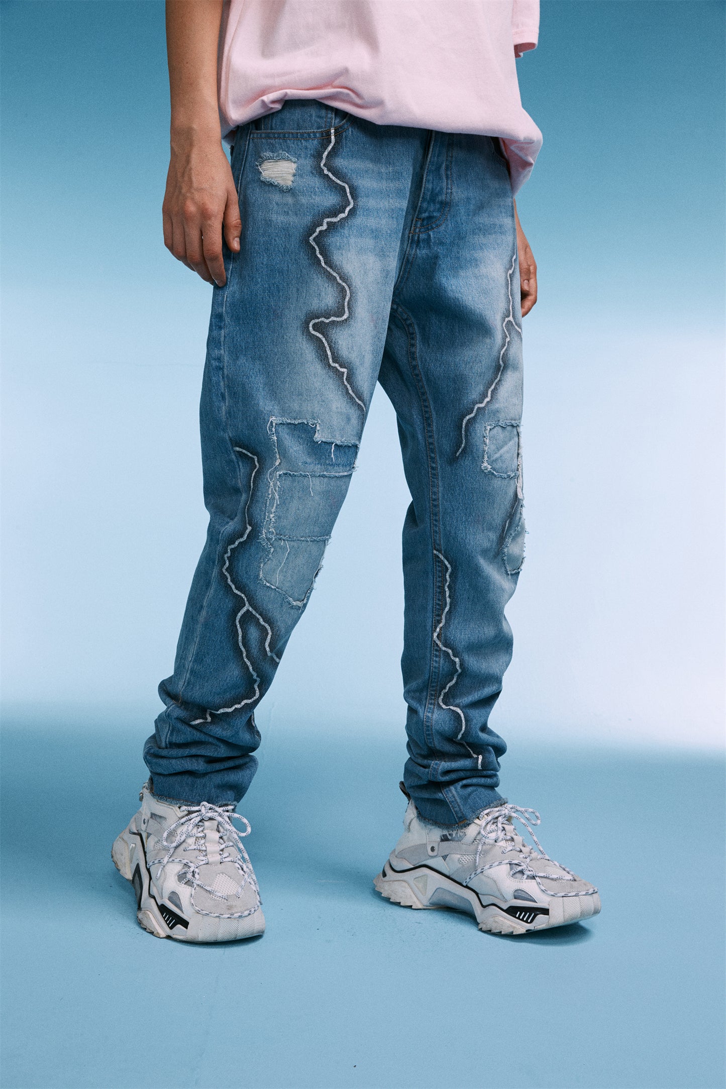 Jeans Lightning Stitching Fabric Stitching Ragged Hip-hop Trousers For Men And Women