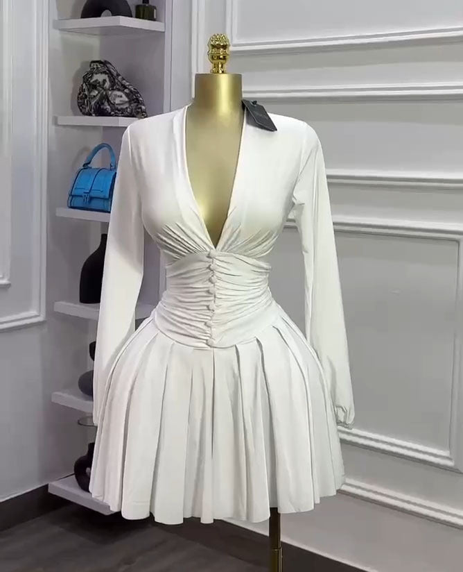 French-style Womens Pleated V-neck Long-sleeve Dress