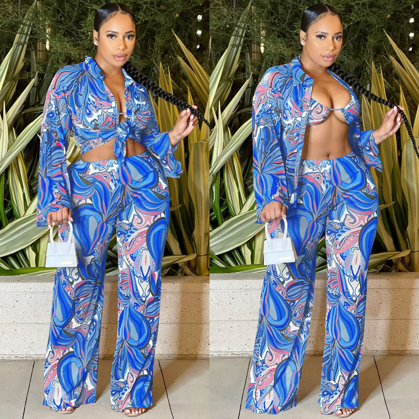 Sexy Mesh Sheer Print Long Sleeve Three Piece