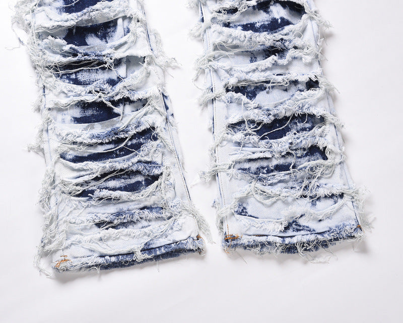 Washed Blue Ripped Zipper Distressed Beggar Pants