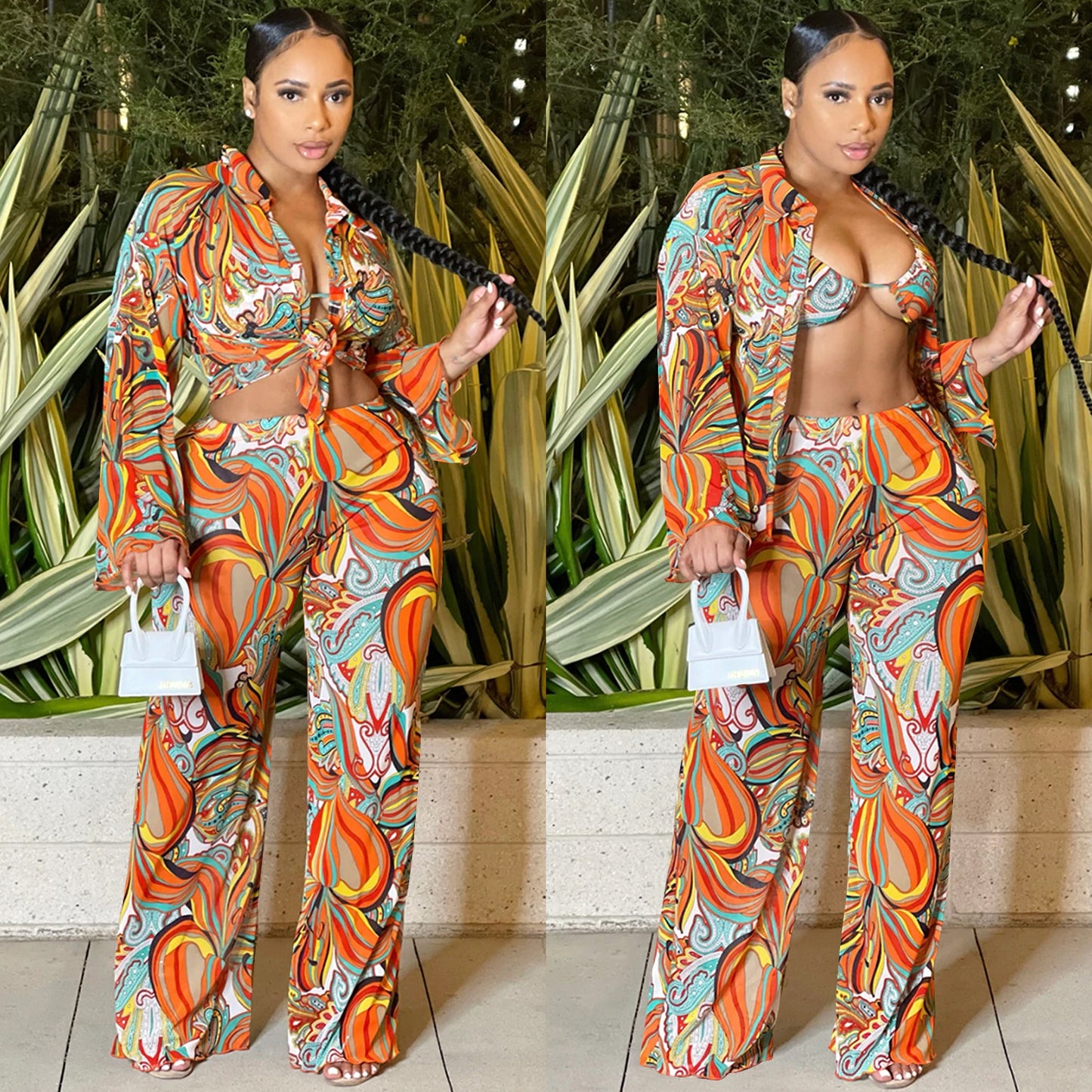 Sexy Mesh Sheer Print Long Sleeve Three Piece