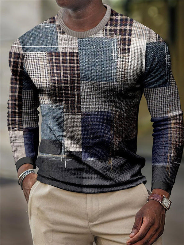Men's Diamond Plaid Printed Long-sleeved Shirt Thin Sweater