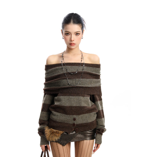Korean Style Color-blocked Off-shoulder Sweater For Women, Autumn And Winter
