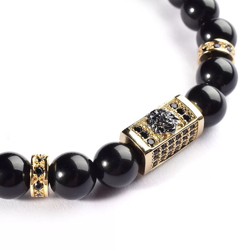 Natural Stone 8mm Bright Black Stone Beaded Vintage Bracelet