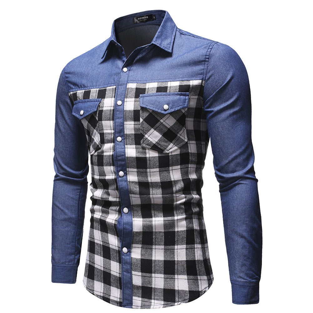 Denim Men's Fashion Classic Stitching Plaid Lapel Slim-fit Long-sleeved Shirt