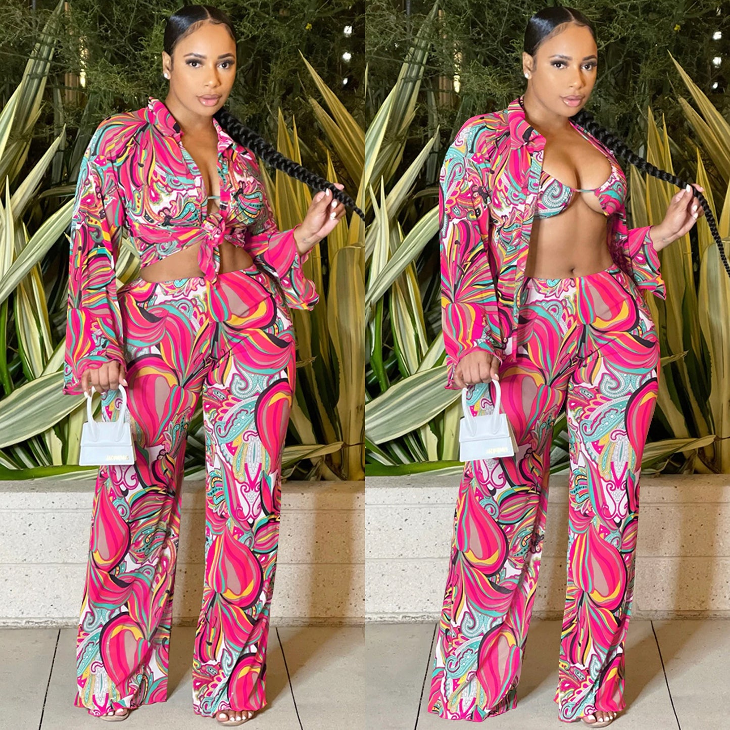 Sexy Mesh Sheer Print Long Sleeve Three Piece