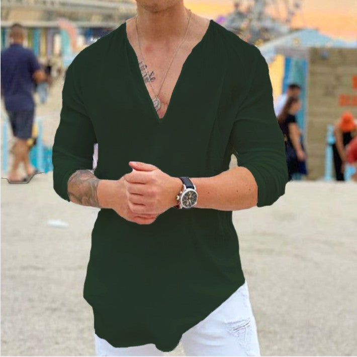Pure Color Youth Collarless Long Sleeved Casual Slim Fit Top T Shirt