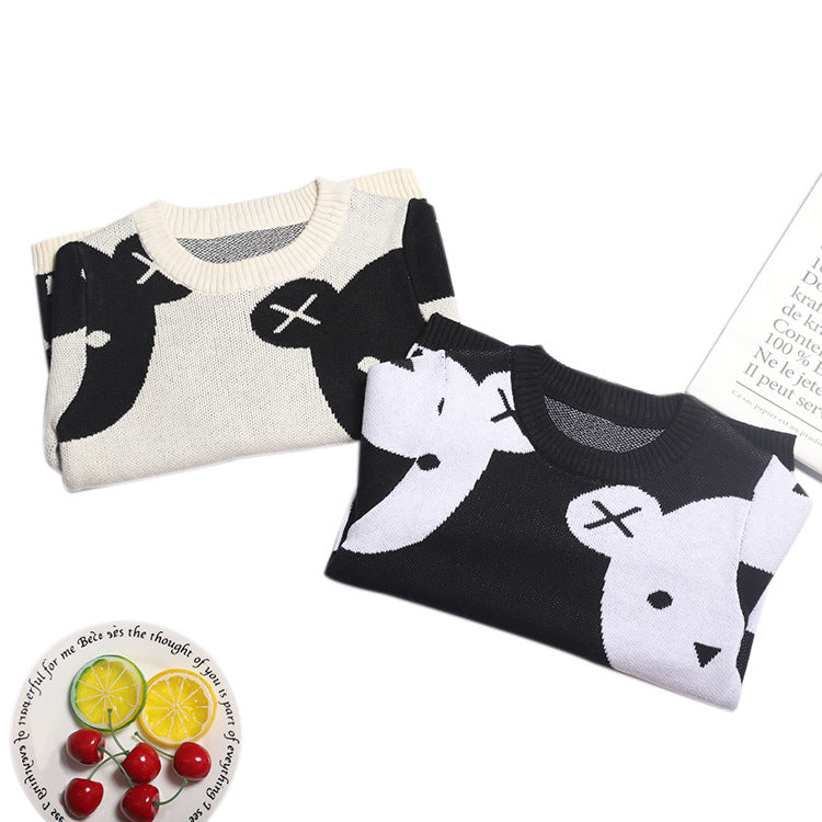 Boys And Girls Baby Black And White Bear Knitted Sweater Top