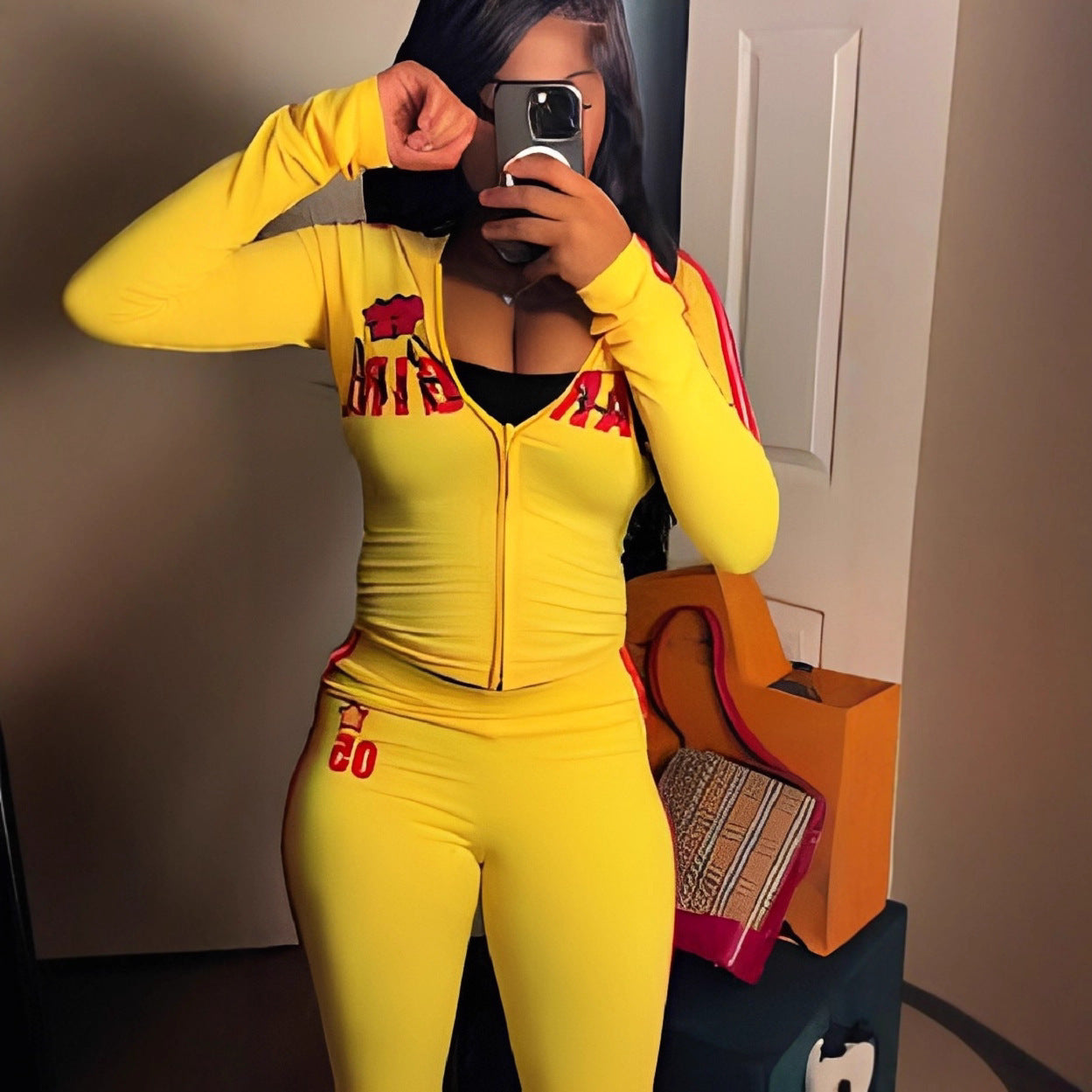 Women's Fashionable Casual Versatile Color-blocked Retro-style Sporty Printed Top And Pants Set