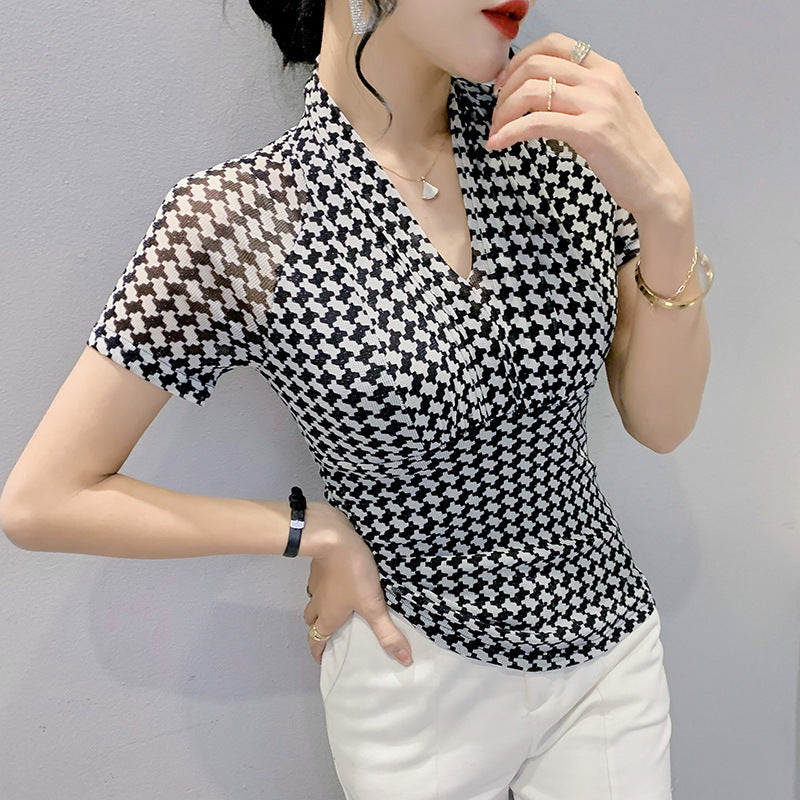 Houndstooth Bright Silk V-neck Short-sleeved T-shirt For Women