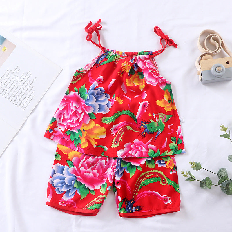 Children's Vest Suit Boys And Girls Summer Thin Cotton Silk Floral Hanging