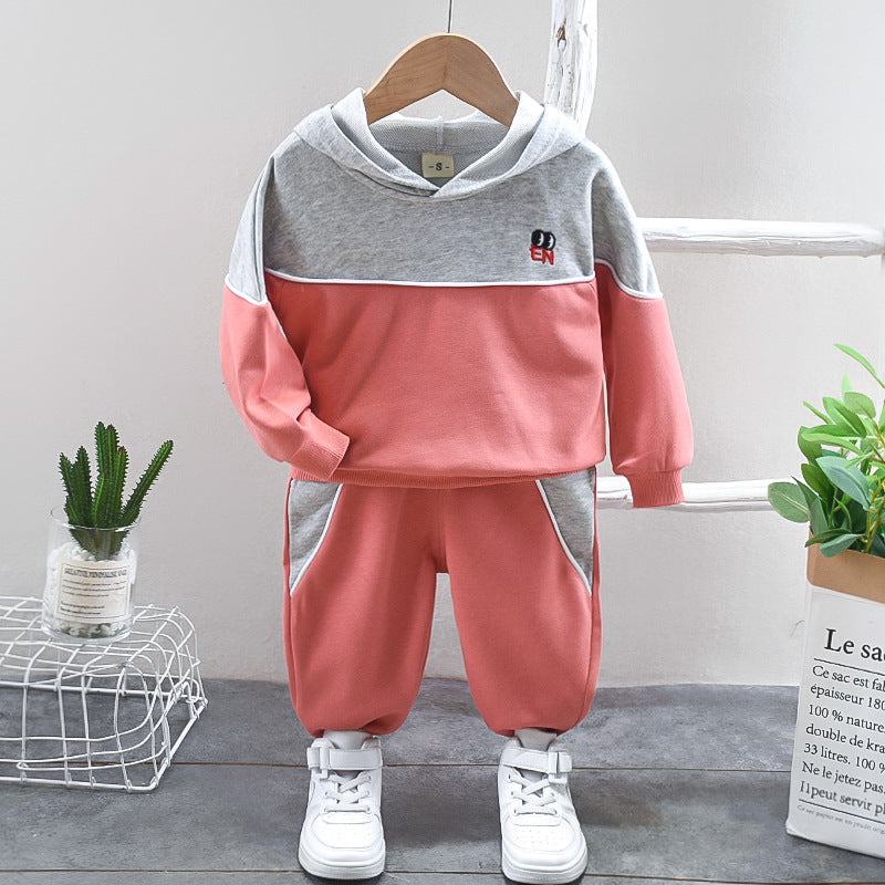 Infant Toddler Baby Boy Fashion Colorblock Hooded Pullover Long-sleeved Shirt Two-piece Set