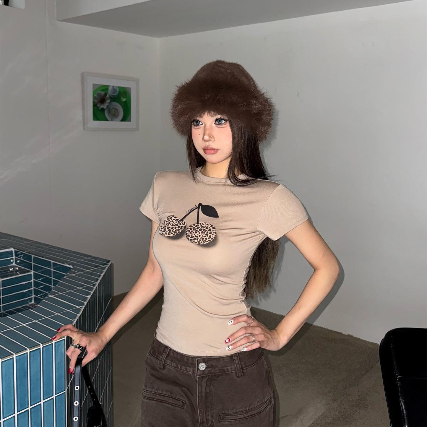 Female Leopard Print Cherry Camouflage Print Casual Short Sleeved Shirt