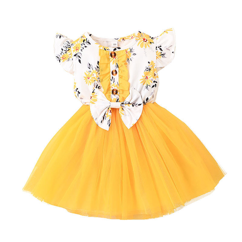 Baby Girl Printed Mesh Sweet And Cute Flying Sleeve Dress Children's Clothes Summer Skirt