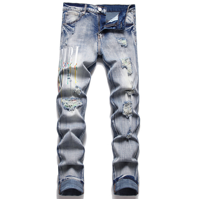 Men's Embroidery Hole Patch Stretch Slim Jeans