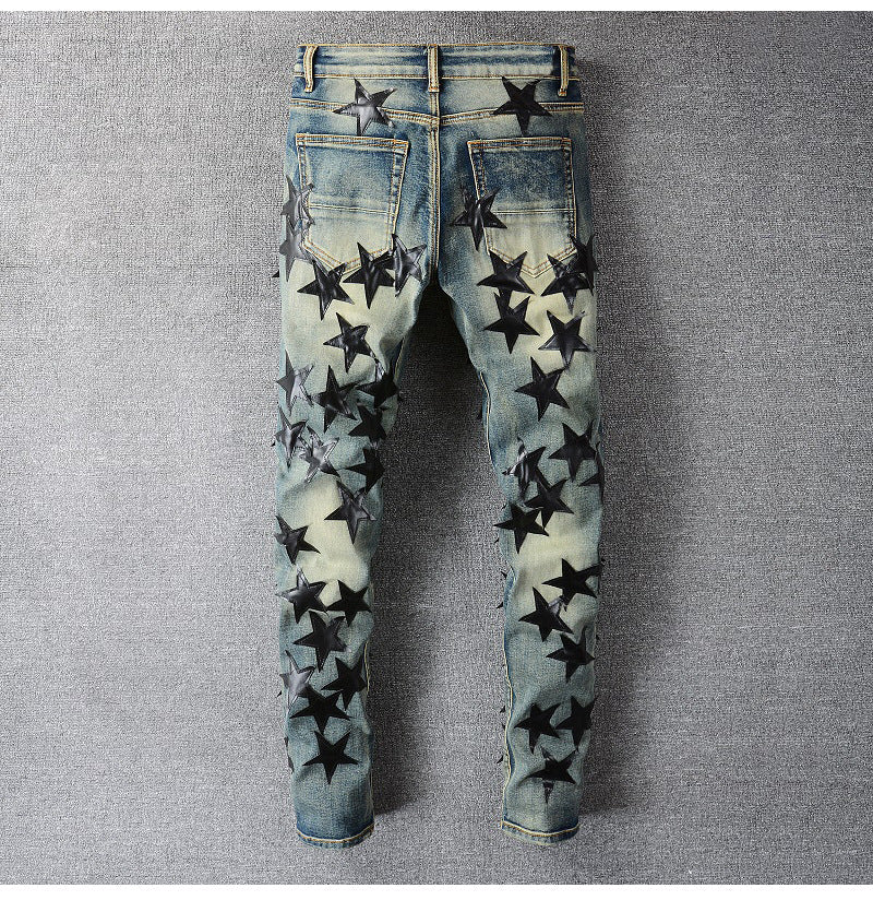 Five-pointed Star Jeans Trendy Men's Slim Feet Pants