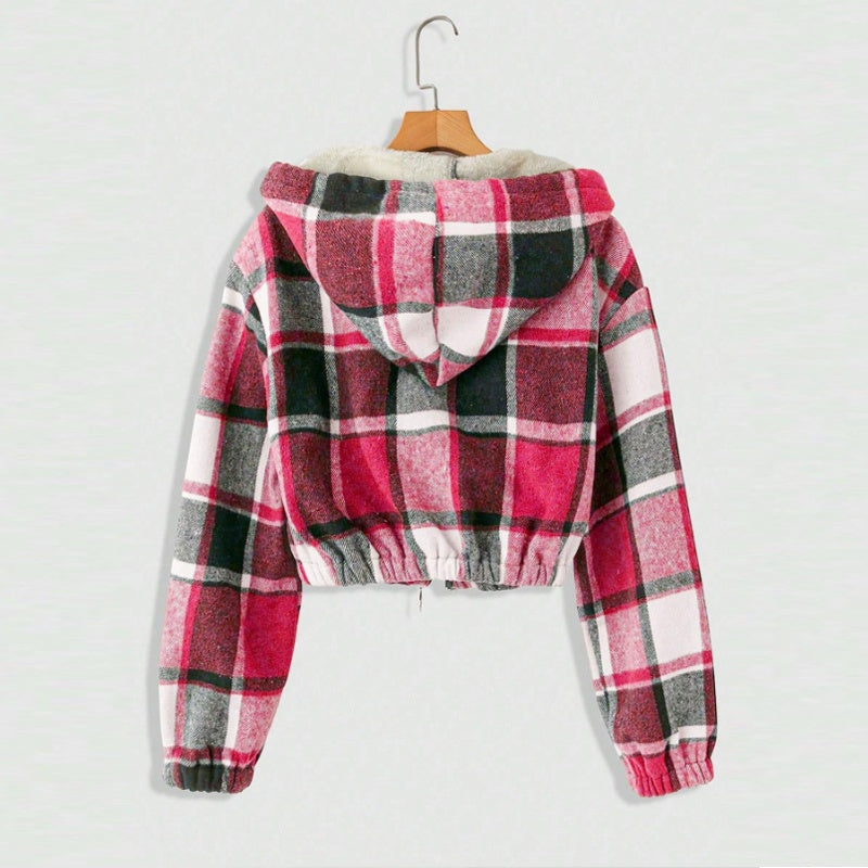 Women's Elegant Plaid Hooded Jacket, Full-Zip Lightweight Coat For Winter Casual Wear