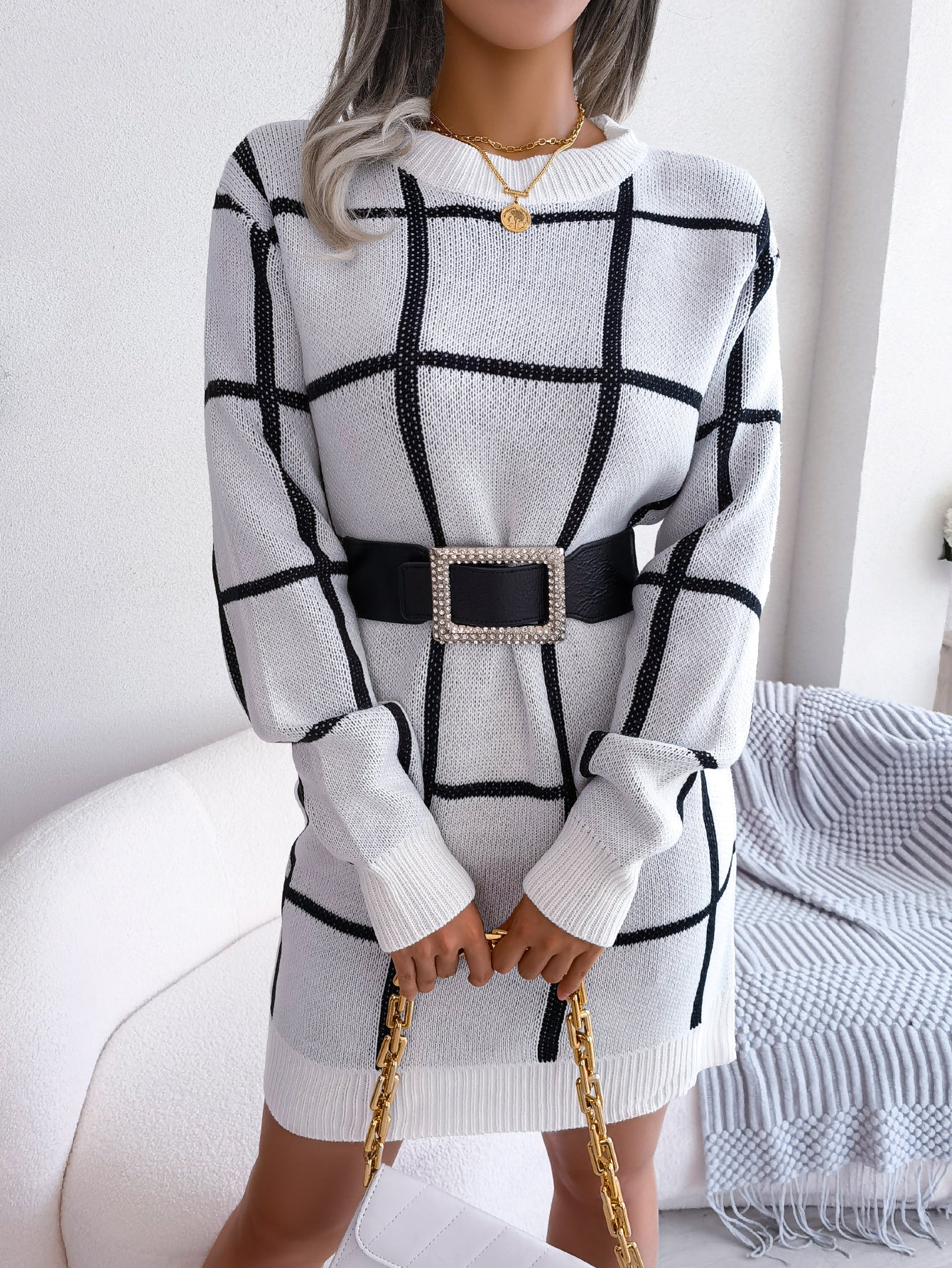 Casual Color Block Plaid Long Sleeve Sweater Dress