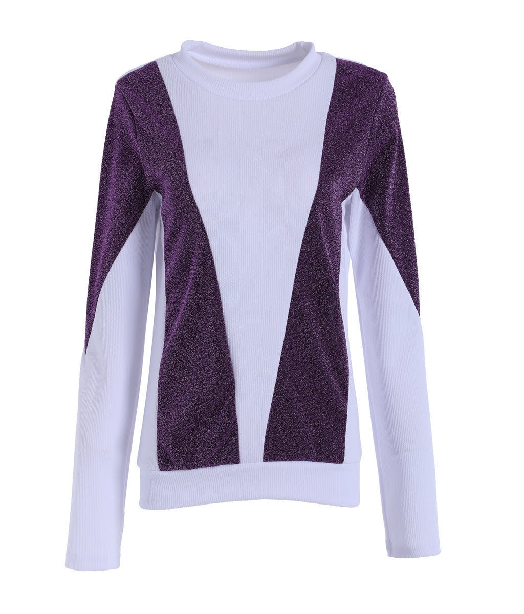 Spring And Autumn New European And American Top T-shirt Women's Stitching Contrast Color