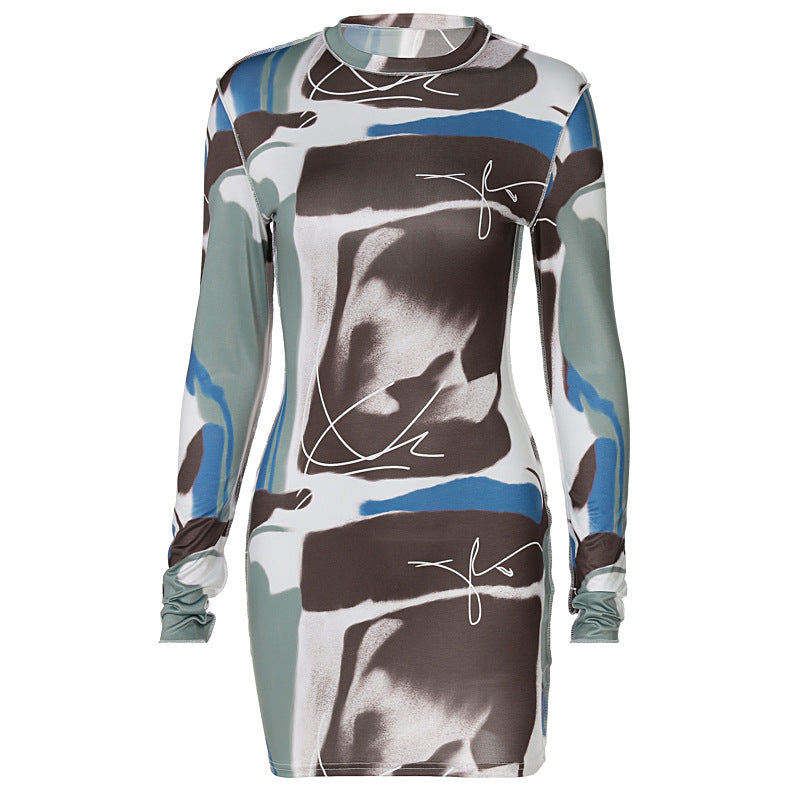 Spring Women's Printed Round Neck Slim Fit Long Sleeve Hip Dress Short Skirt