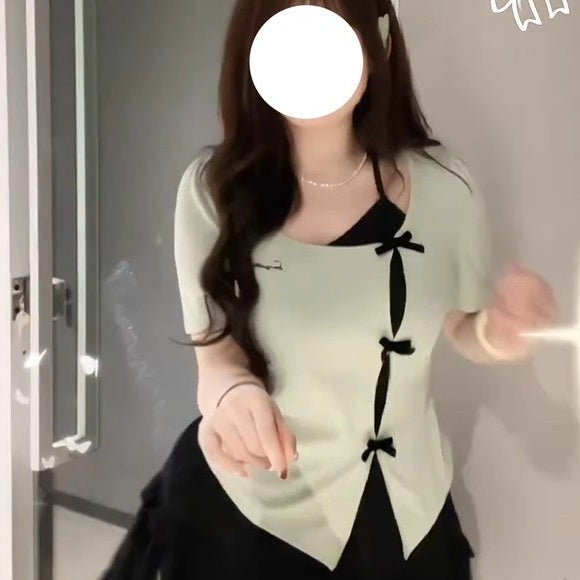 Bow Irregular Short Sleeve Plus Size Fake Two Pieces Fashionable T-shirt