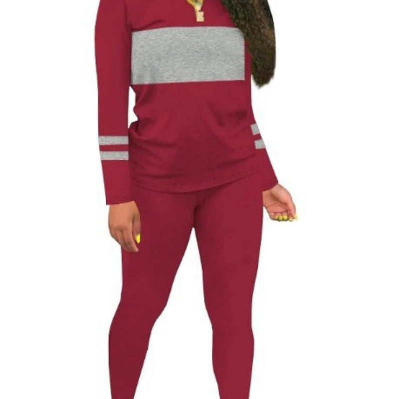 Color Matching Round Neck Long Sleeve Top With Tight Trousers Suit Two-piece Set