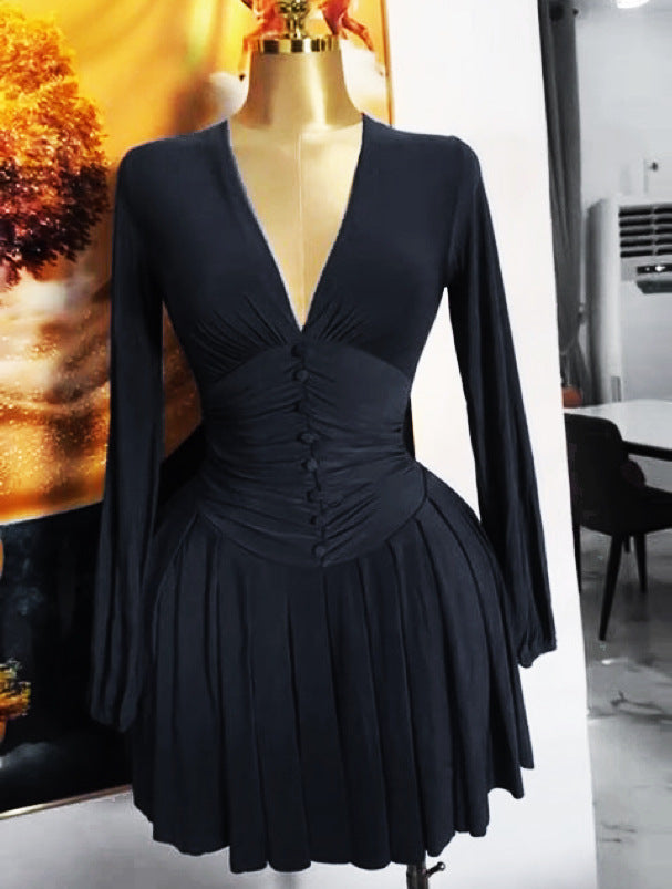 French-style Womens Pleated V-neck Long-sleeve Dress