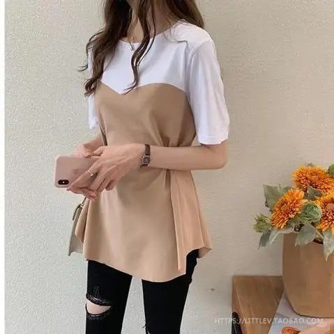 All-matching Graceful Fake Two-piece Mid-length Short-sleeved T-shirt