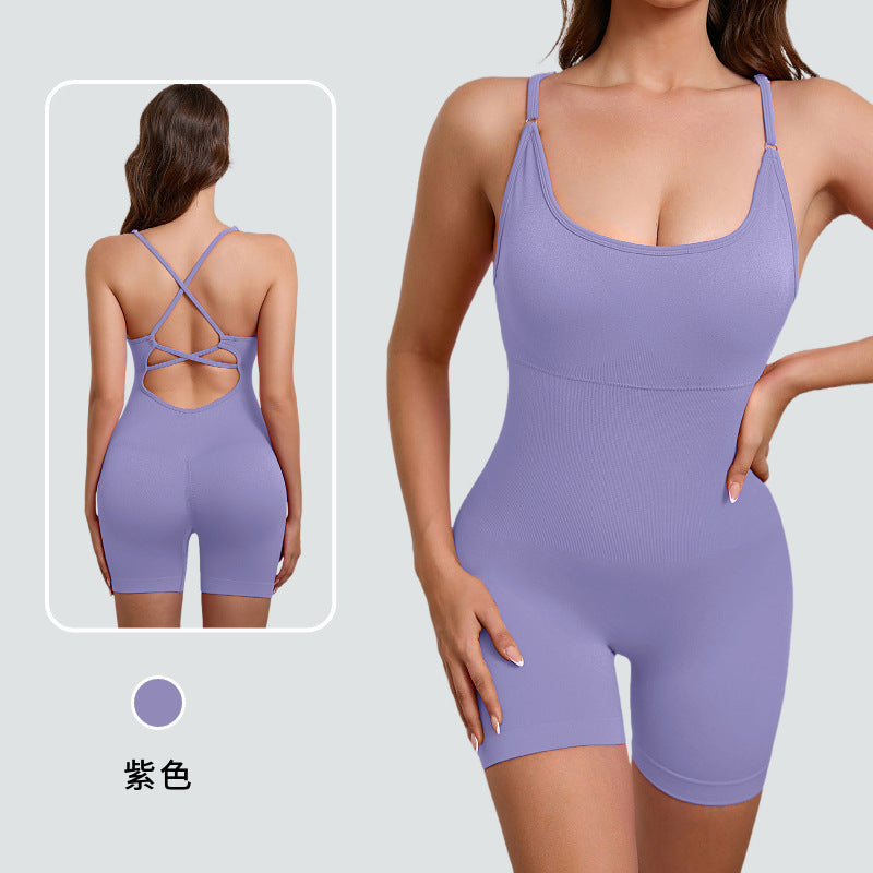 Seamless Sports Jumpsuit With Cross Exposed Back, Quick Drying, Sexy Suspender, Fitness Outerwear, Yoga Suit