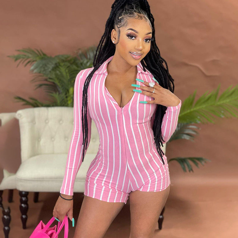 Lapel Zipper Slim Vertical Stripes Women's One-piece Shorts