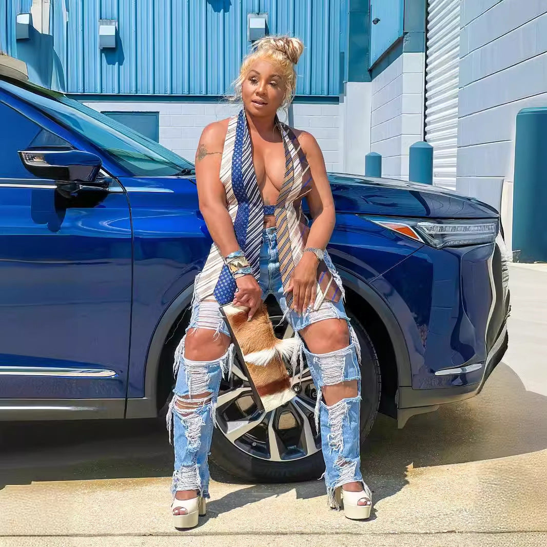 New Backless Tied V-neck Striped Tie Stitching Personality Vest Women's Clothing