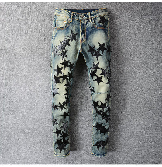 Five-pointed Star Jeans Trendy Men's Slim Feet Pants